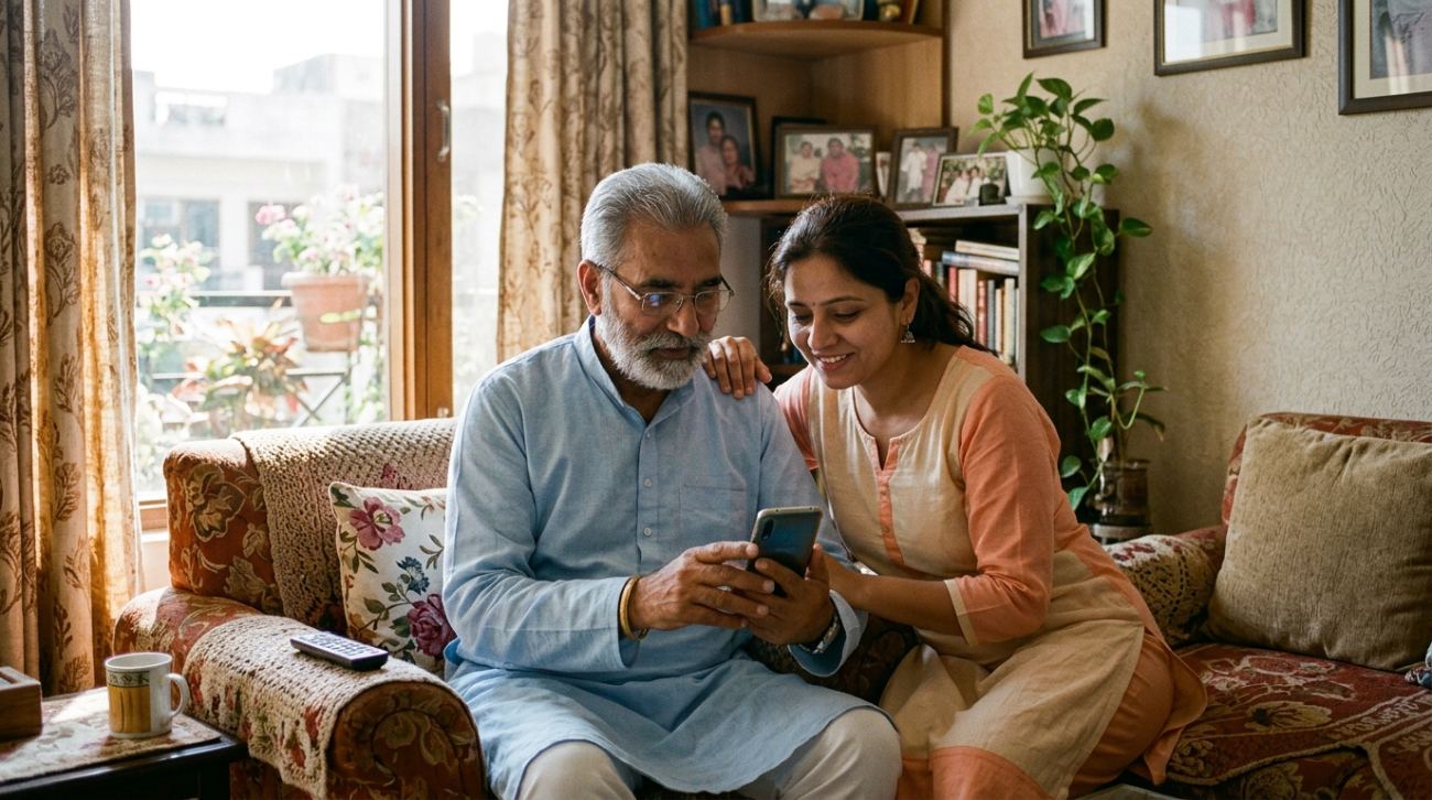 A daughter helping her father check his insurance claim on his phone at home
